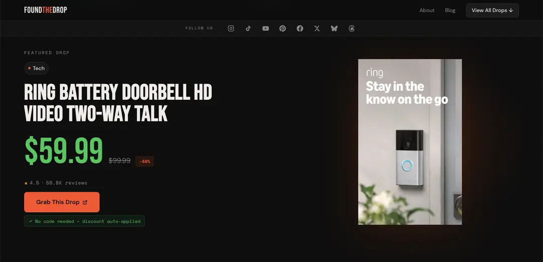 FoundTheDrop home page, a dark deal-aggregator layout with live deal cards.